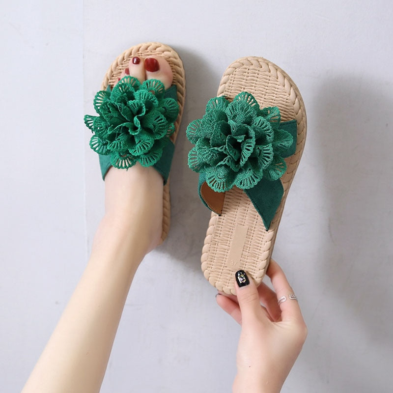 Ddbos Fashion Floral Lace Summer Beach Flip Flops Women Sandals Casual Flax Flat Sandals Comfy Home Slippers Outdoor Slides Shoes