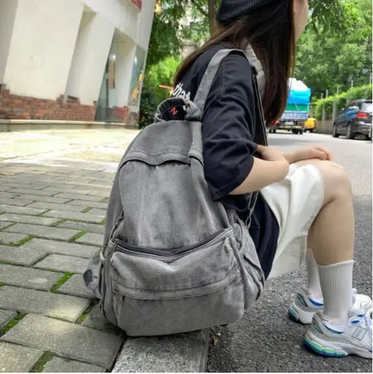 Retro Distressed Canvas Gray Backpack Girl College Female Book Travel Backpacks Cool DenimLaptop Lady Student Ruckpack Bags sac