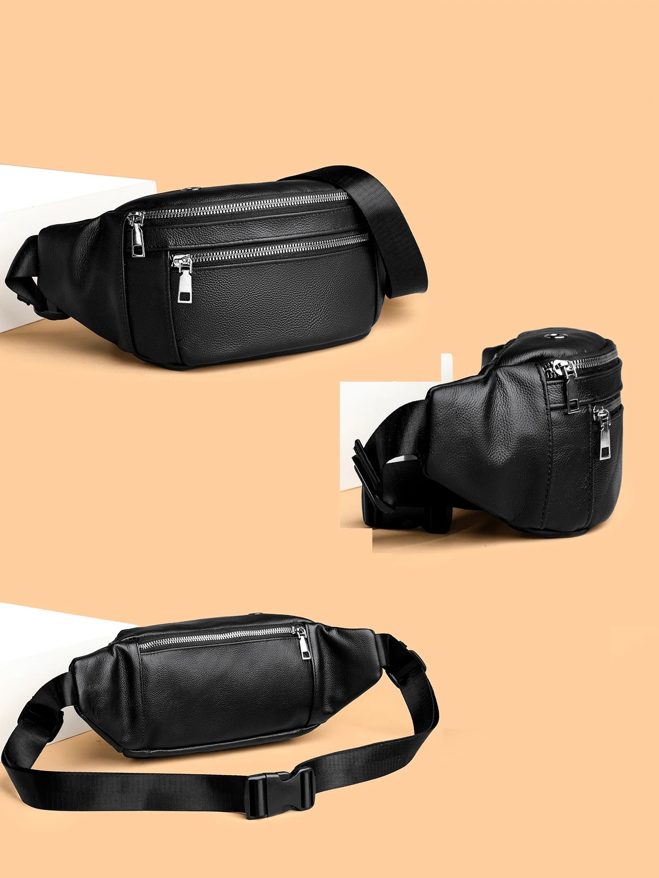 Ddbos Black Men's Genuine Leather Fanny Pack Lightweight Sports Waist Bag for Men Belt Pouch Phone Chest Bags Male Small Bag