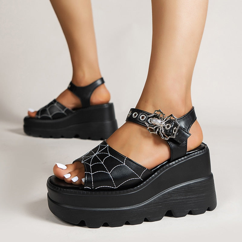 Punk Chunky Platform Sandals Women Summer Y2K Wedge Heeled Sandals Woman Plus Size 43 Patent Leather Black Gothic Shoes