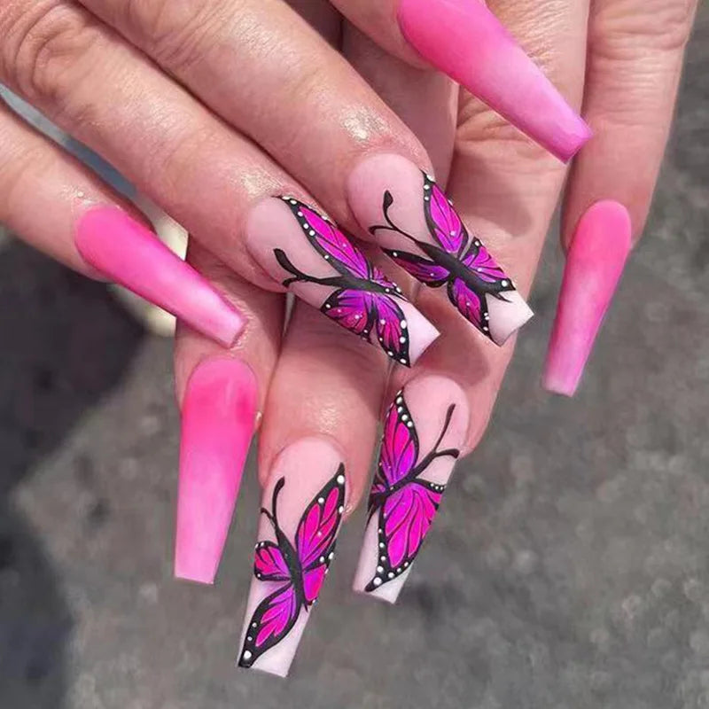 Ddbos 24Pcs Wearable Colorful Butterfly Designs French Press on Nails Long Ballet False Nails with Rhinestone acrylic Fake Nails tips