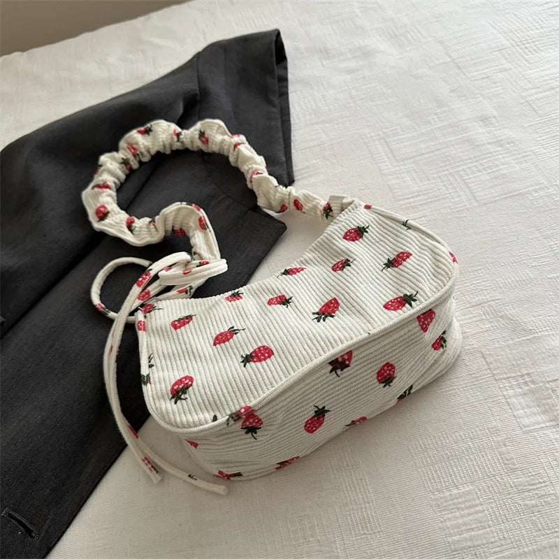 Ddbos Women Small Underarm Bag Corduroy Handbag Cute Strawberry Print Little Tote Half Moon Design Eco Cloth Purse Mini Shoulder Bags