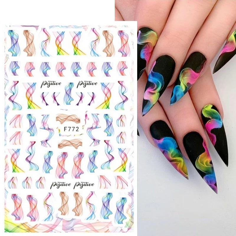 Ddbos 1PCS Black White Butterfly Laser Nail Stickers Y2K Nail Art Decoration Abstract Lines Bronzing Flowers Stickers For Nails