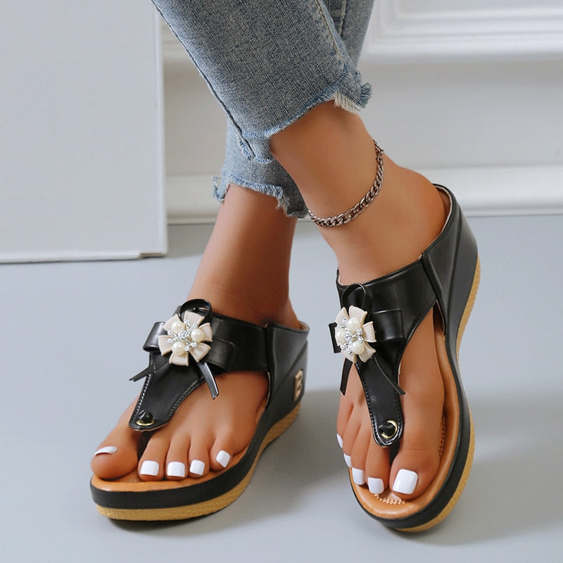 Ddbos New In Retro Ladies Slippers Summer New Beaded Pearl Buckle Flowers Decorative Fashion Women's Shoes Women's Wedge Beach Shoes