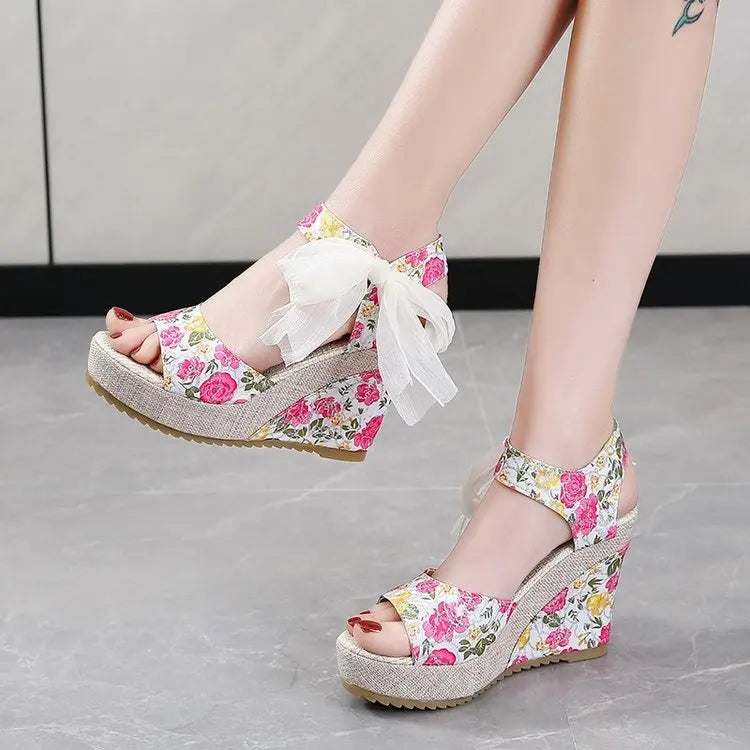 Ddbos Summer Beach Boho Floral Wedge Sandals Women Ankle Strap Platform Gladiator Shoes Woman High Heels Sandalias Mujer