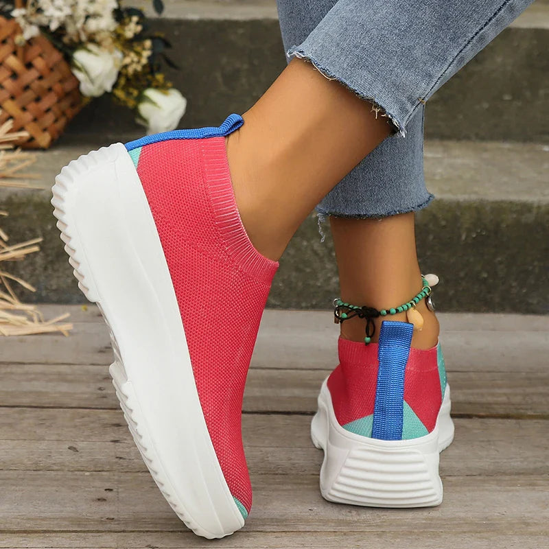 Ddbos Fashion Mix Color Chunky Sneakers for Women Autumn Thick Bottom Platform Sports Shoes Woman Slip On Knitted Vulcanize Shoes