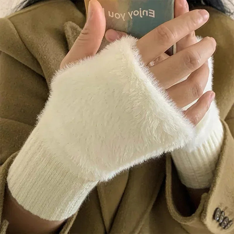 Ddbos Mink Fleece Soft Winter Half Finger Gloves Women Warm Luxury Solid White Plush Knitted Fingerless Gloves Wrist Mittens Writting