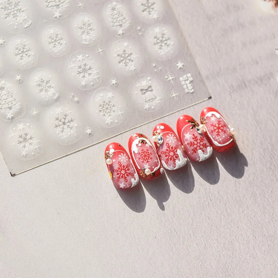 2D Merry Christmas White Tree Bell Snowflake Hollowed Out Spray Painting Adhesive Nail Art Stickers Decals Manicure X'mas Charms