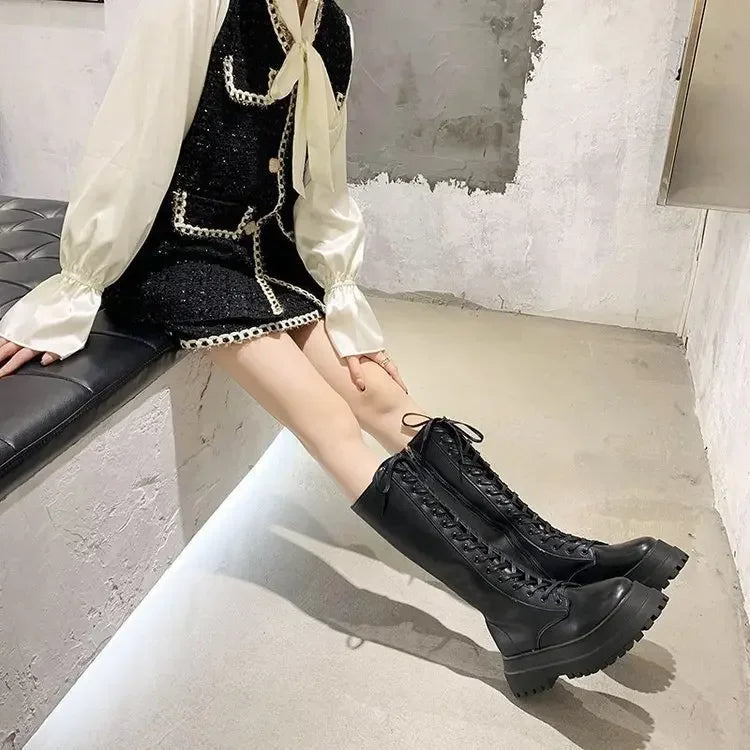 Ddbos Women Motorcycle Boots Wedges Flat Shoes Woman High Heel Platform PU Leather Boots Lace Up Women Shoes Black Boots