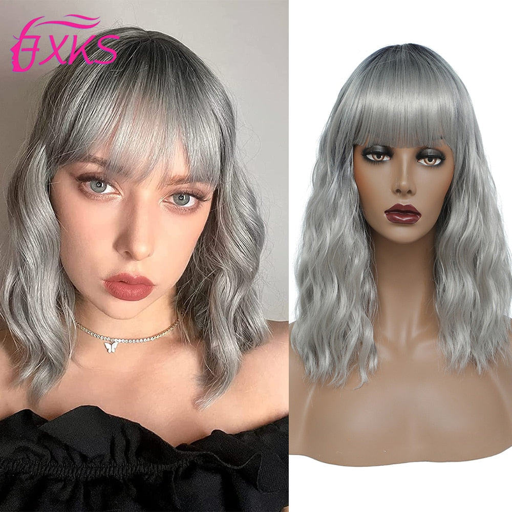 Ddbos Blonde Gold Short Wavy Synthetic Wigs With Bangs Brown Grey Silver Black Color Body Wave Hair Wigs 14Inch 200G For Women FXKS