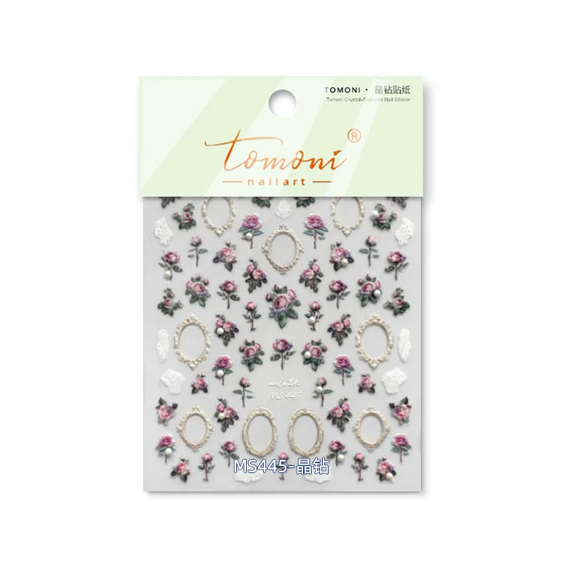 Japanese Small Pink Rose Flower With Crystal Pearl Nail Stickers High Quality Design Adhesive Decal Art Decoration