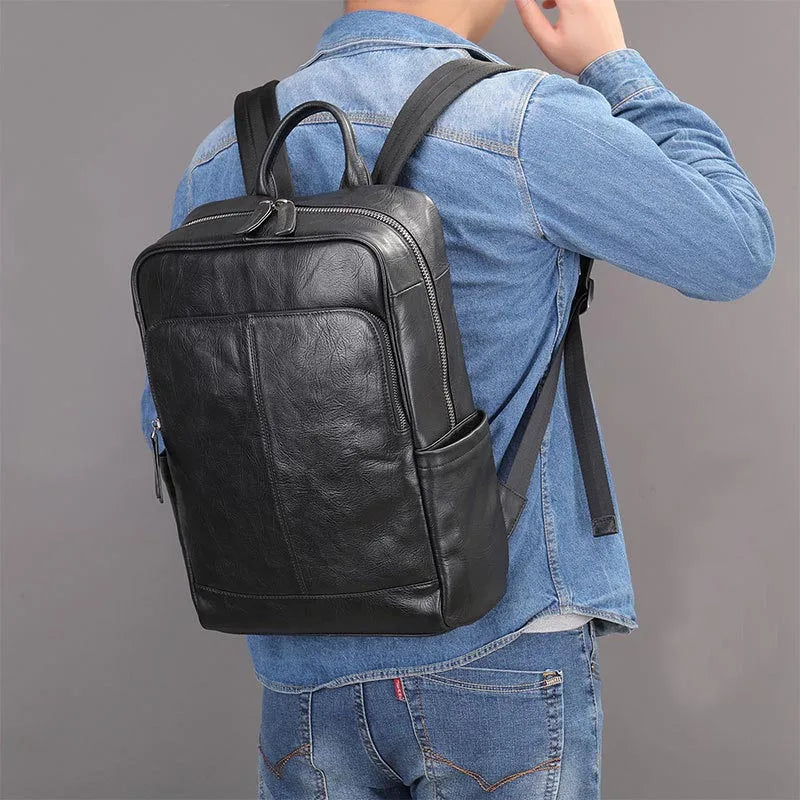 Ddbos Genuine Leather Men Laptop Backpack Soft Cowhide 14 Inch Bagpack Travel Bag Women Leather Shoulder Bag School Bags Black