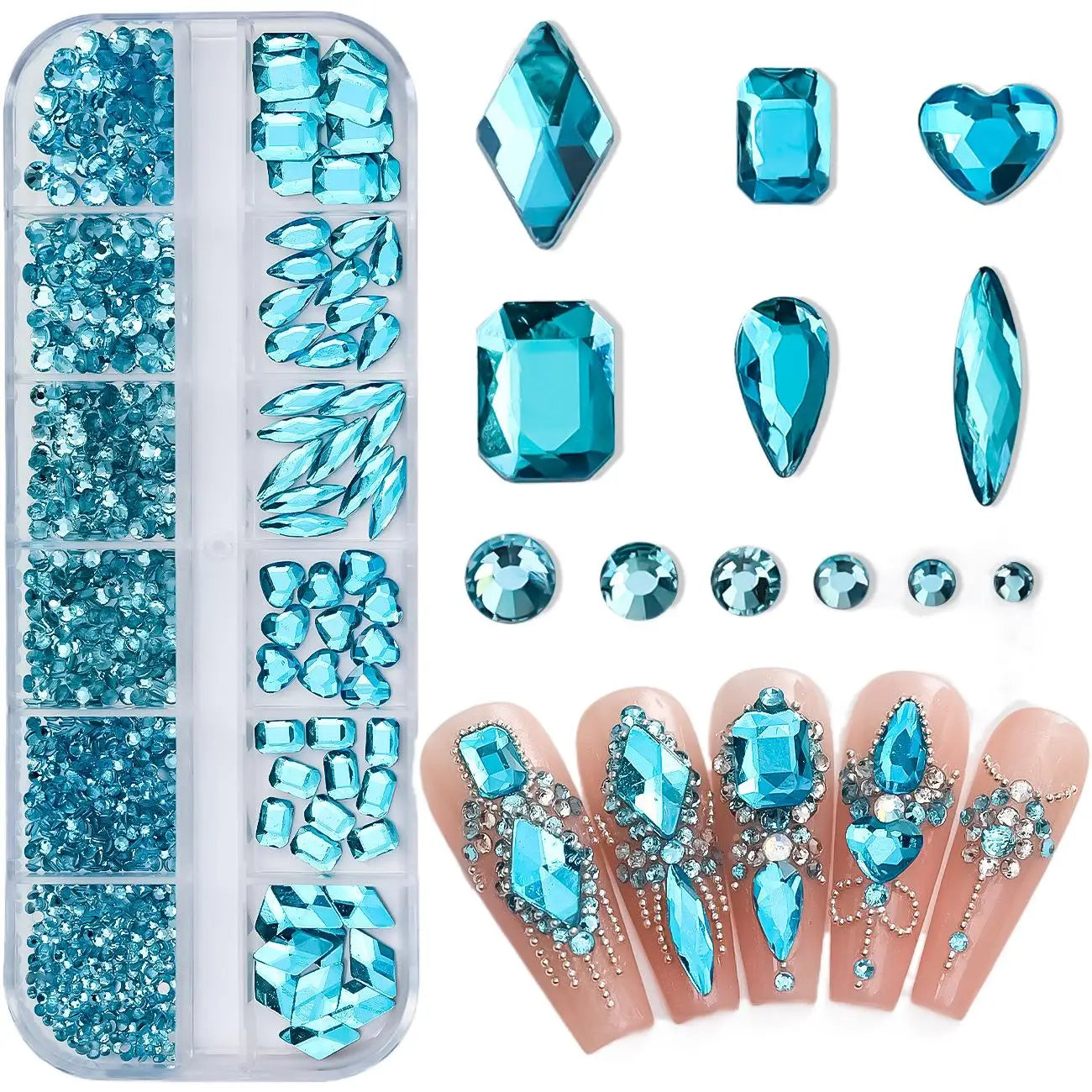 Ddbos 12 Grids Sparkle Translucent Colorful Mix Shapes Flatback Glass Diamonds Nail Art Rhinestones Jewel Decorations Manicure Charms