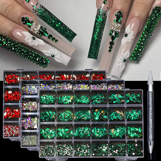 24 Grid Diamond Jewelry Set for Nail Art Decorations Nail Ab Flat Bottom Drill Nail Art Luxe Nail Shaped Diamond Illusion Color