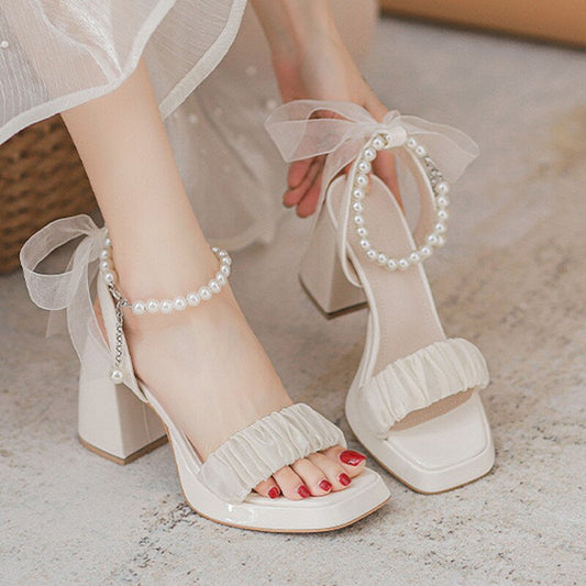 Elegant White High Heels Sandals Women Summer Chunky Platform Pearl Ankle Straps Pumps Woman Lace Bowtie Luxury Party Shoes