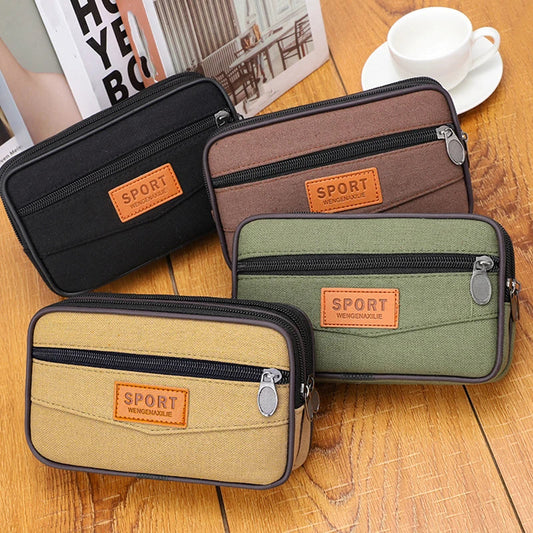 Ddbos 2pcs/Pack Black Men's Canvas Mobile Phone Bag Large Capacity Three-layer Zipper Waterproof Handbag Wear belt site fanny packs