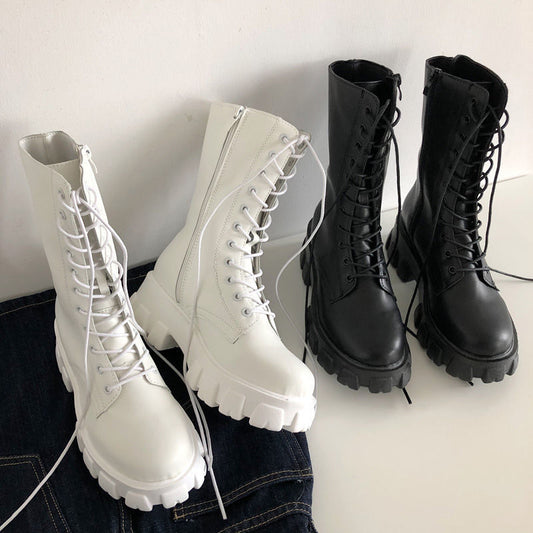 Mid Calf Boots Women Autumn Winter Fashion Lace-up Ladies Chelsea Zipper Botas Mujer Boots Sports Platform Heel Ladies Shoes