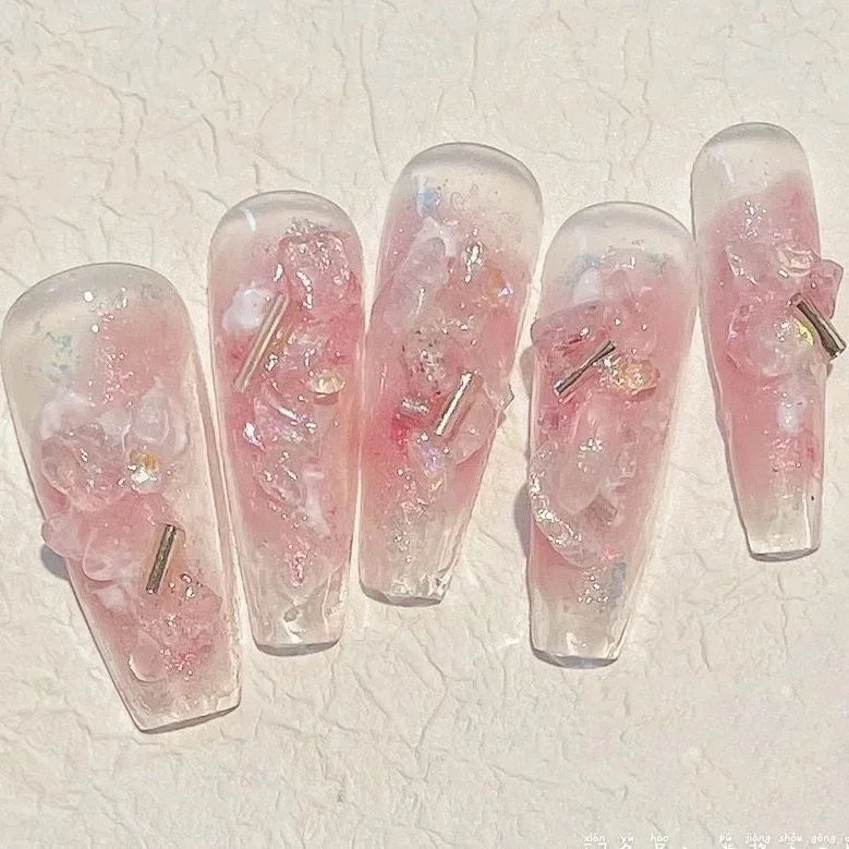 Pink Transparent Wear Nail Strawberry Crystal Nail Sweet Pink Fake Nails Nail Patch Handmade Nails