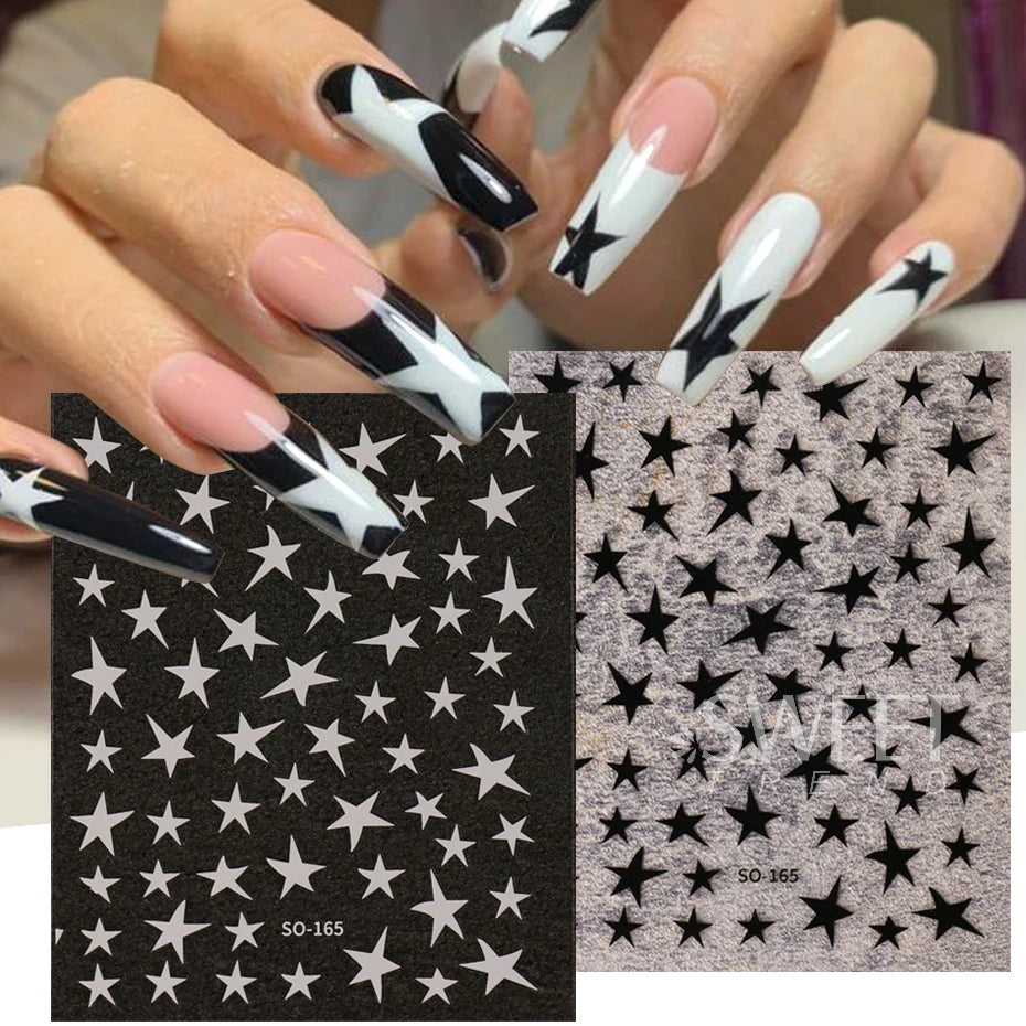 3pcs White Black Stars Nails Stickers Irregular Pentagram Decals Pink Laser Shiny Glitters Starlight Manicure Ornaments Sliders