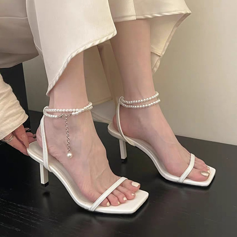 Pearl Ankle Straps High Heels Sandals Women Summer Fashion Square Toe Sandals Woman Elegant Thin Heeled Silver Party Shoes