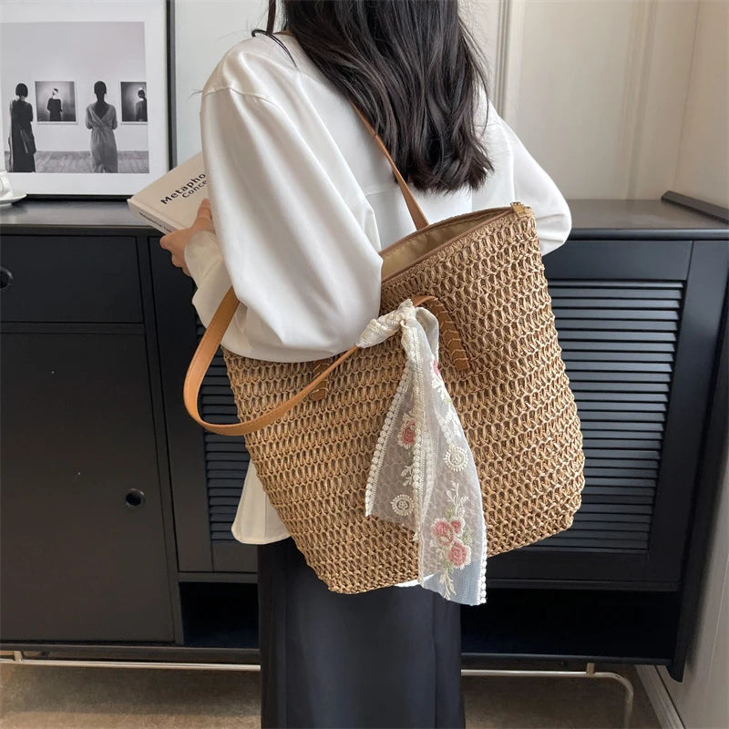 Ddbos Summer Large Capacity Tote Bag Women Shoulder Bag Handmade Woven Bag Fresh Rural Handheld Grass Woven Women Bag