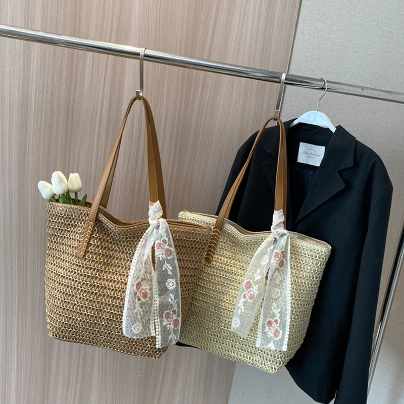 Ddbos Summer Large Capacity Tote Bag Women Shoulder Bag Handmade Woven Bag Fresh Rural Handheld Grass Woven Women Bag