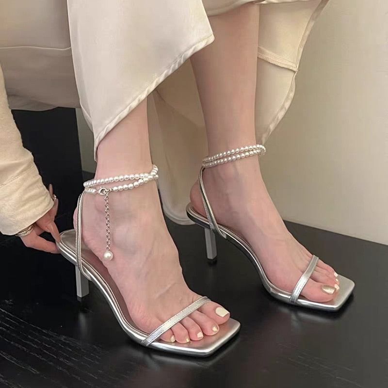 Ddbos Pearl Ankle Straps High Heels Sandals Women Summer Fashion Square Toe Sandals Woman Elegant Thin Heeled Silver Party Shoes