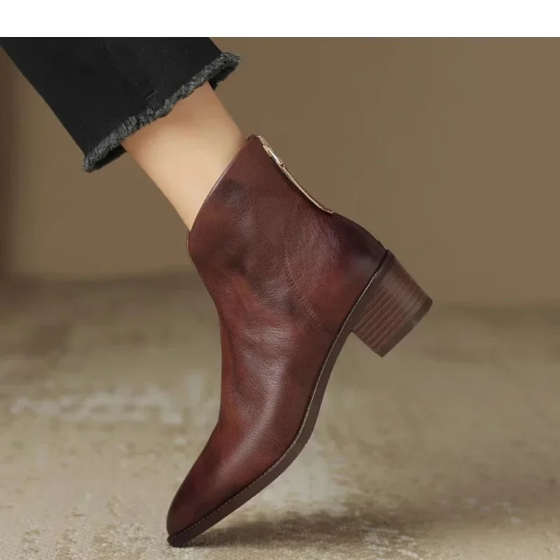 Ddbos New Autumn Genuine Leather Ankle Boots Pointed Toe Women Boots Retro Short Boots Women Shoes Winter Retro Chelsea Boots