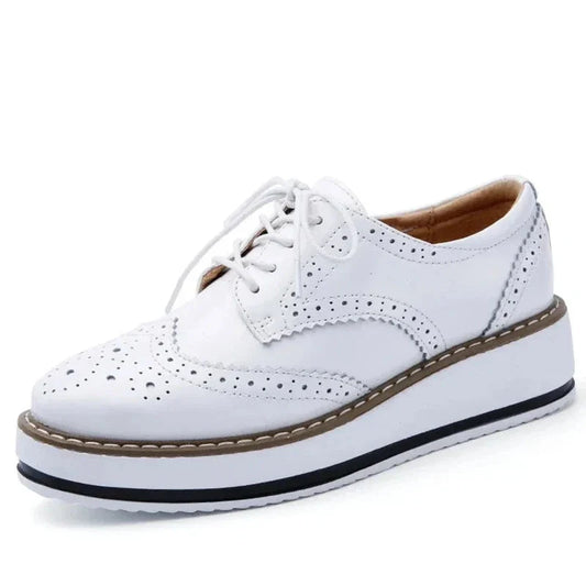 Genuine Leather Shoes Women Flats Oxford Lace Up Striped Platform White Black Fashion Vintage Platform Brogue Shoes Woman