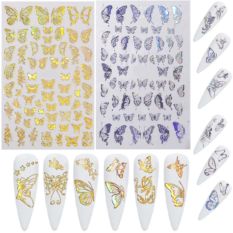 Ddbos Laser Butterfly Sticker Nails Art Holographic Gold/Sliver Nail Decal Design Self-adhesive Butterfly Nail Sticker Ornament