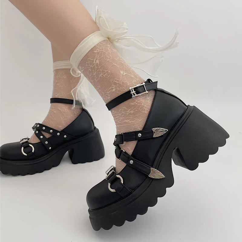 Ddbos Punk Gothic Chunky Platform Pumps for Women Ankle Strap Thick Heeled Mary Jane Shoes Woman Y2K Metal Rivets Lolita Cosplay Shoes