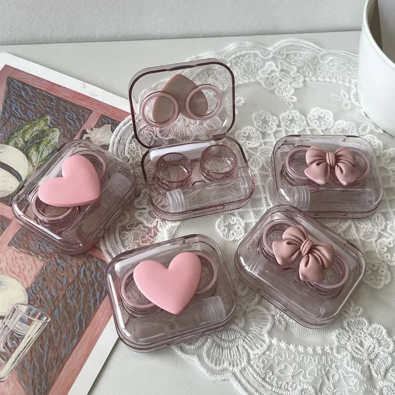 Ddbos Contact Lens Cases Pink Transparent Love Bow Contact Lens Case Girl Portable Beauty Pupil Box Storage Eye Care Container Box