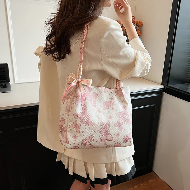 Ddbos Large Capacity New Summer Shoulder Bag Butterfly College Student Commuter Tote Bag Trendy and Fashionable