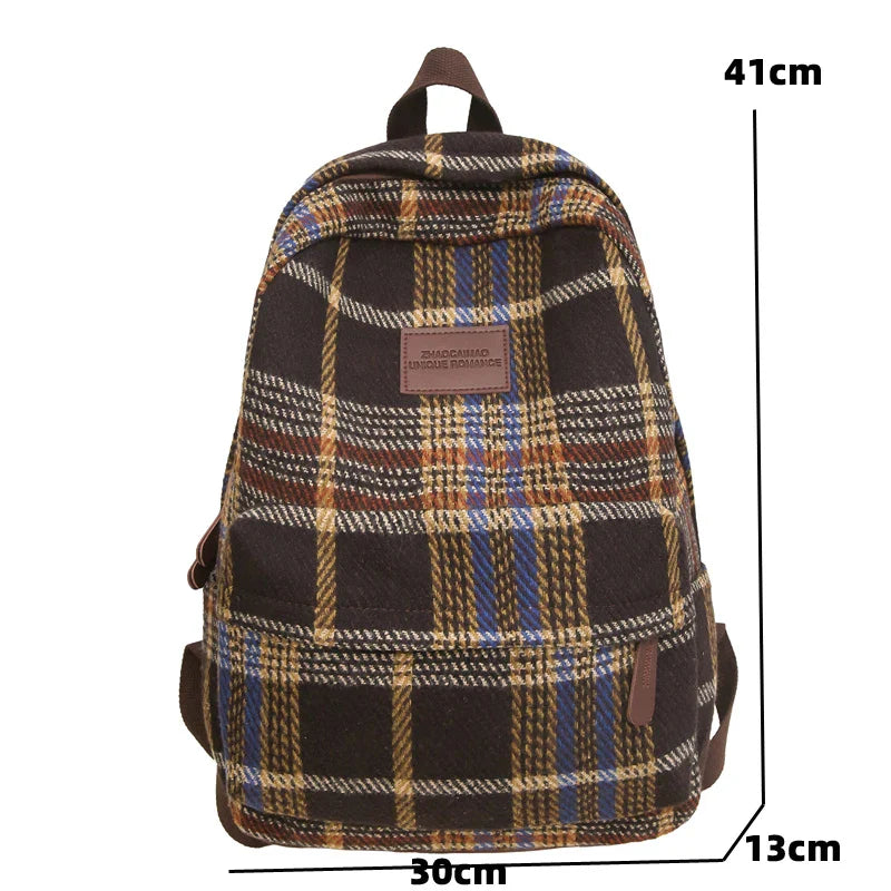 Ddbos BACK TO SCHOOL Vintage Plaid Woollen Cloth Women's Backpack Student Book Backpacks for Teenage Girls School Bags Large CapacityTravel Rucksack