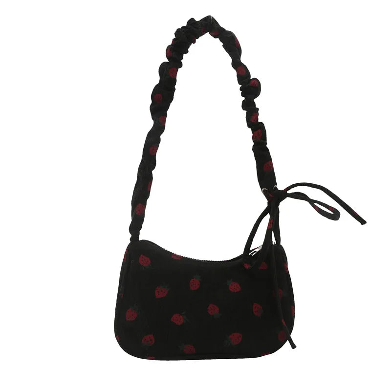 Ddbos Women Small Underarm Bag Corduroy Handbag Cute Strawberry Print Little Tote Half Moon Design Eco Cloth Purse Mini Shoulder Bags