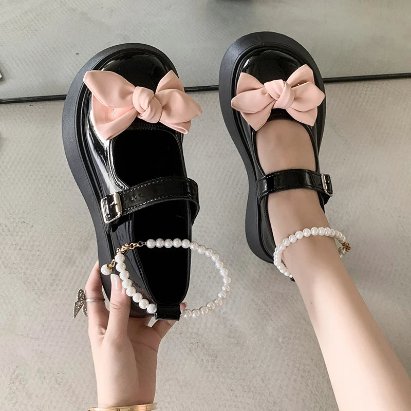 Ddbos Spring and Autumn Fashion New Beaded Round Toe Solid Color Casual and Comfortable Women's Banquet Bow Thick-soled Shoes