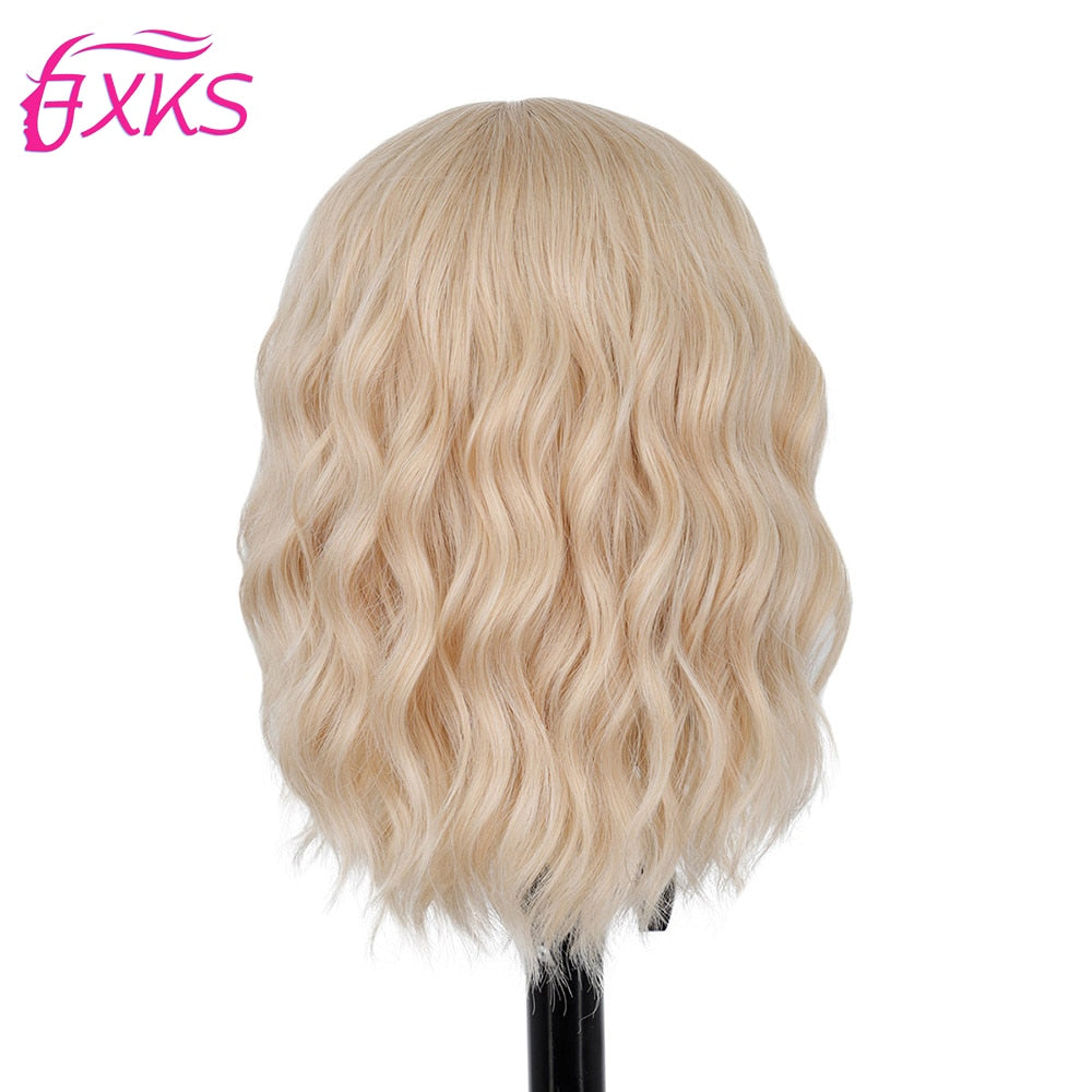 Ddbos Blonde Gold Short Wavy Synthetic Wigs With Bangs Brown Grey Silver Black Color Body Wave Hair Wigs 14Inch 200G For Women FXKS