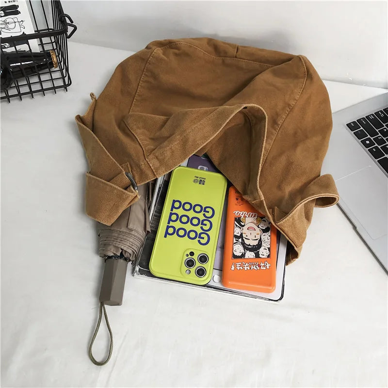 Ddbos BACK TO SCHOOL Minimalist Style Solid Shoulder Bags 100% Cotton Unisex Solid Crossbody Bags Canvas Packages South Korea Casual Messenger Bags