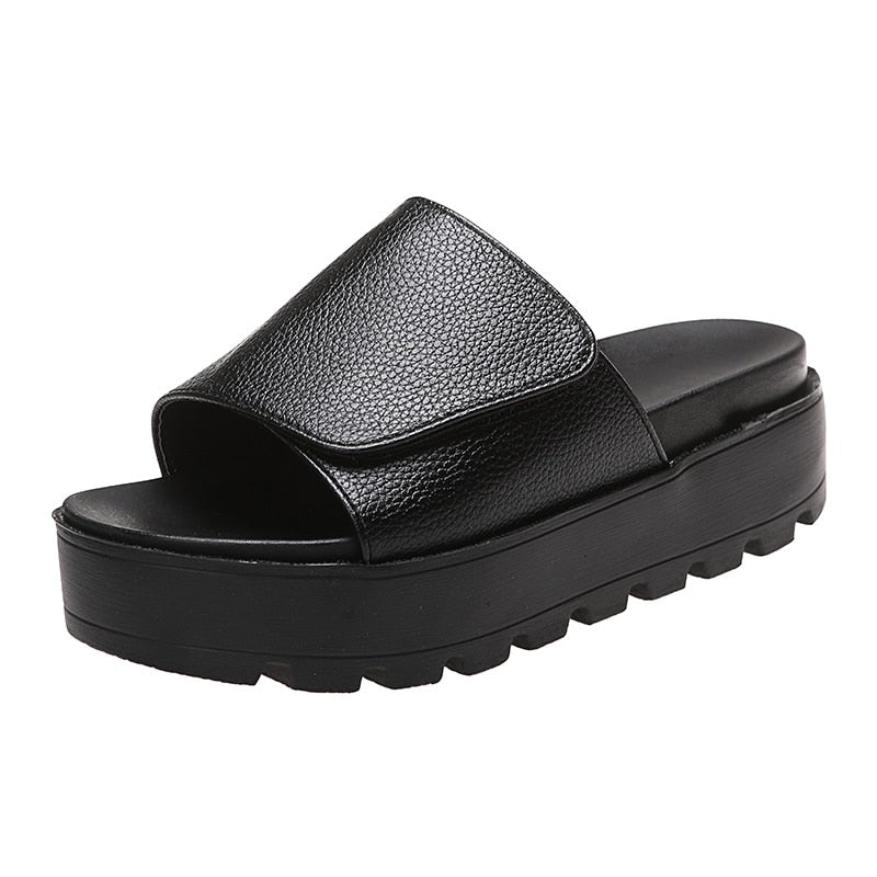 Ddbos Black PU Leather Platform Slippers Women Plus Size 43 Thick Soled Sandals Woman Summer Non-slip Slides Shoes Female