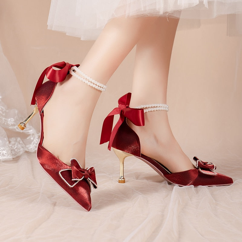 Ddbos Pearl Ankle Strap Pumps Women Luxury Bowknot Red Dance Shoes Woman Sexy Pointed Toe Velvet Stiletto High Heels Sapatos Femininos