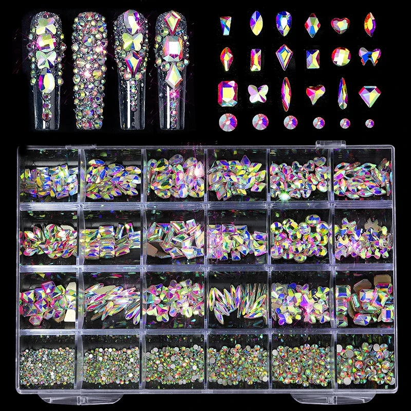 24grids Mixed Shapes Jewelry Luxury Shiny Diamond For Nail Art Decorations DIY Glass Crystal Set with Dot Drill Pen