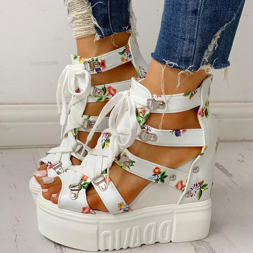 Ddbos Summer Printing Casual Wedge Women's Shoes Women's Sandals Thick Sole Laces High Heels Casual Women's Shoes Zapatos Mujer