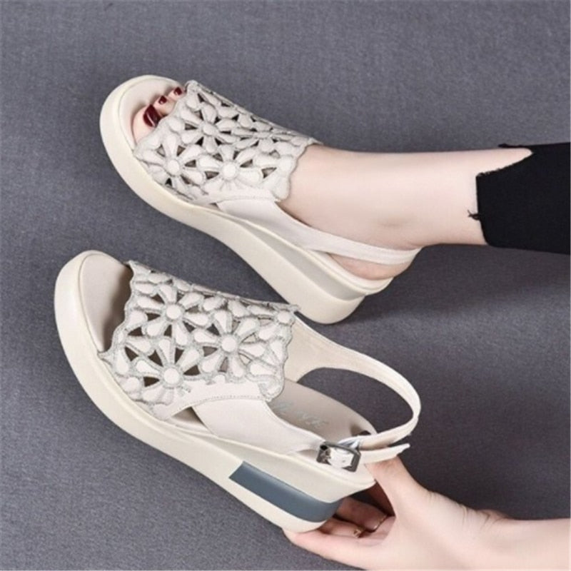 Ddbos Summer Wedge Shoes for Women Sandals Open Toe Platform Hollow Flowers Retro Lady High Heel Buckle Strap Casual Female Sandalias