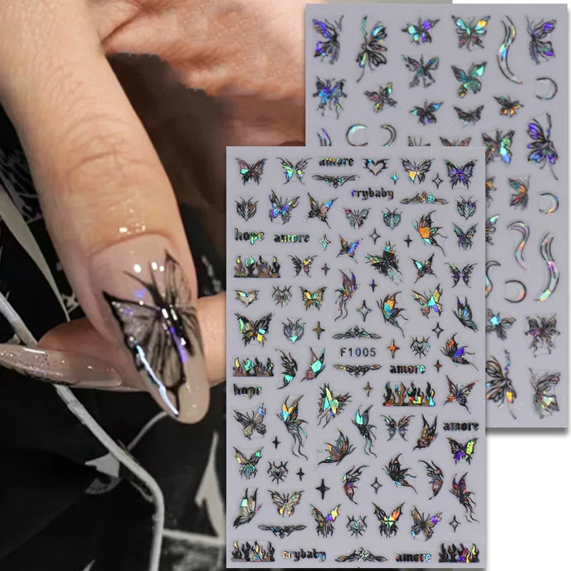 Ddbos 1PCS Black White Butterfly Laser Nail Stickers Y2K Nail Art Decoration Abstract Lines Bronzing Flowers Stickers For Nails