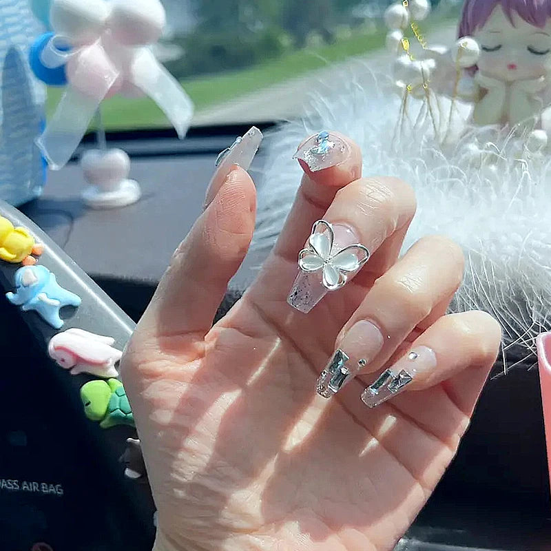 24PCS Ballerina Long Square Nail Tips False Nails Wearable Fake Nails Butterfly INS French Pearl Design Press on Nails for Woman