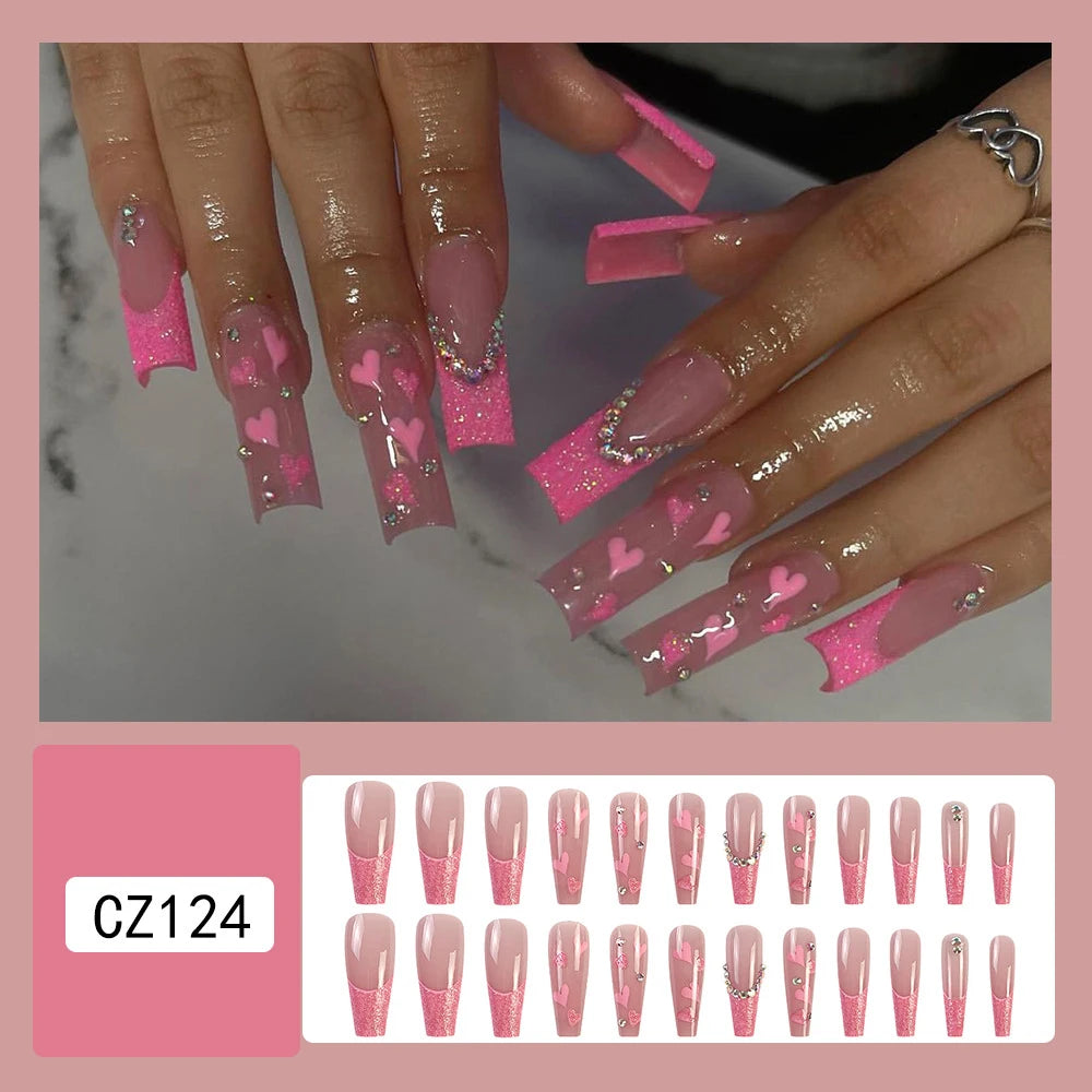 Ddbos 24 Pcs Glossy Long Ballerina Press On Nails Pink Glitter French Style Fake Nails With Rhinestone Artifical Reusable False Nails