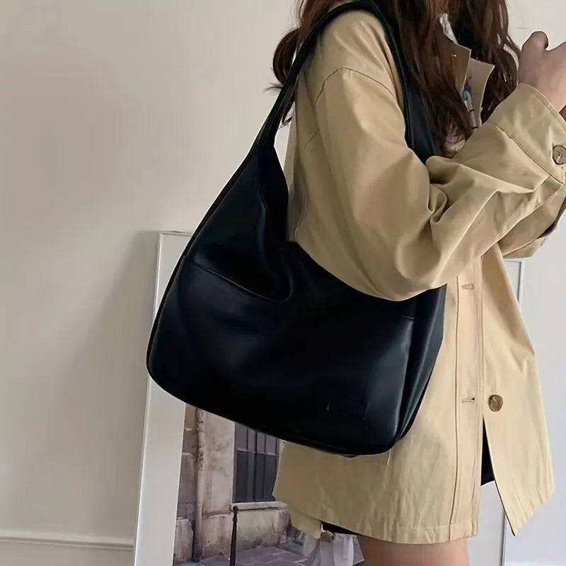 Ddbos BACK TO SCHOOL Women Hobo Bag Simple PU Leather Solid Shoulder Bag Fashion Large Capacity Handbag For School Work