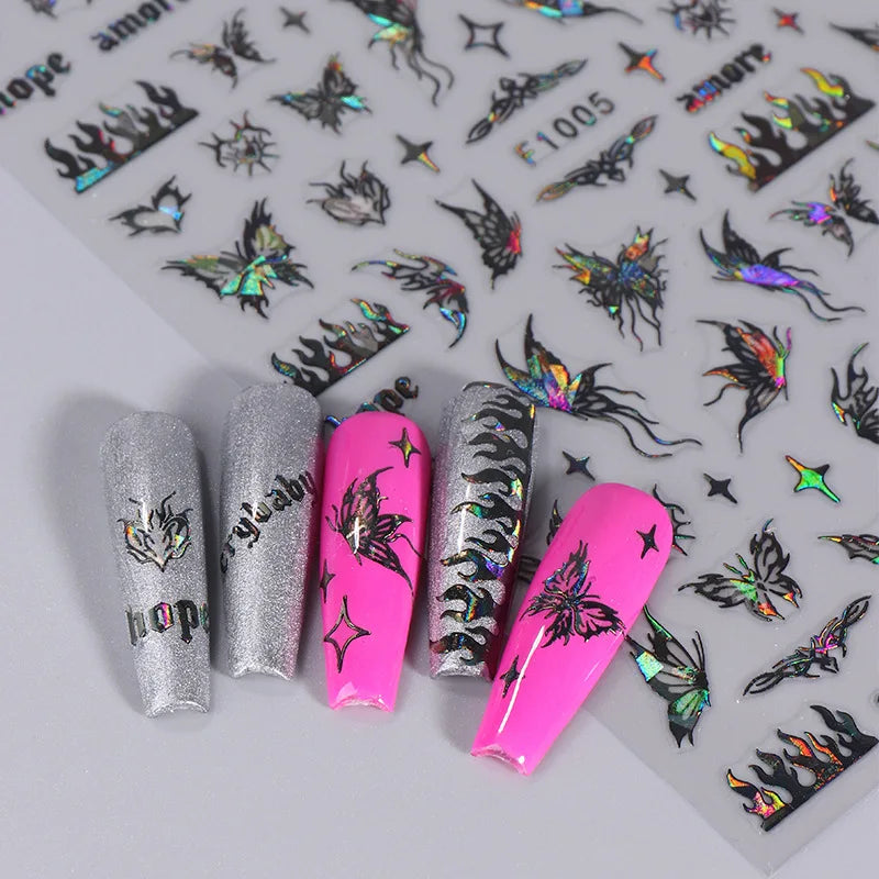 Ddbos 1PCS Black White Butterfly Laser Nail Stickers Y2K Nail Art Decoration Abstract Lines Bronzing Flowers Stickers For Nails