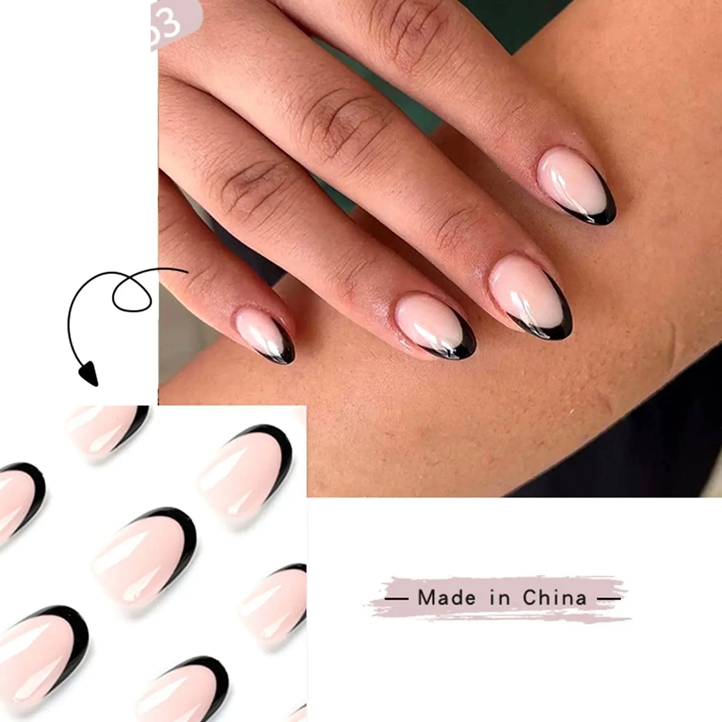 Ddbos French Oval False Nails for Girls 24pcs Black Edge Design Nude Color Wearable Press on Nail Tips Full Cover Short Acrylic Nails