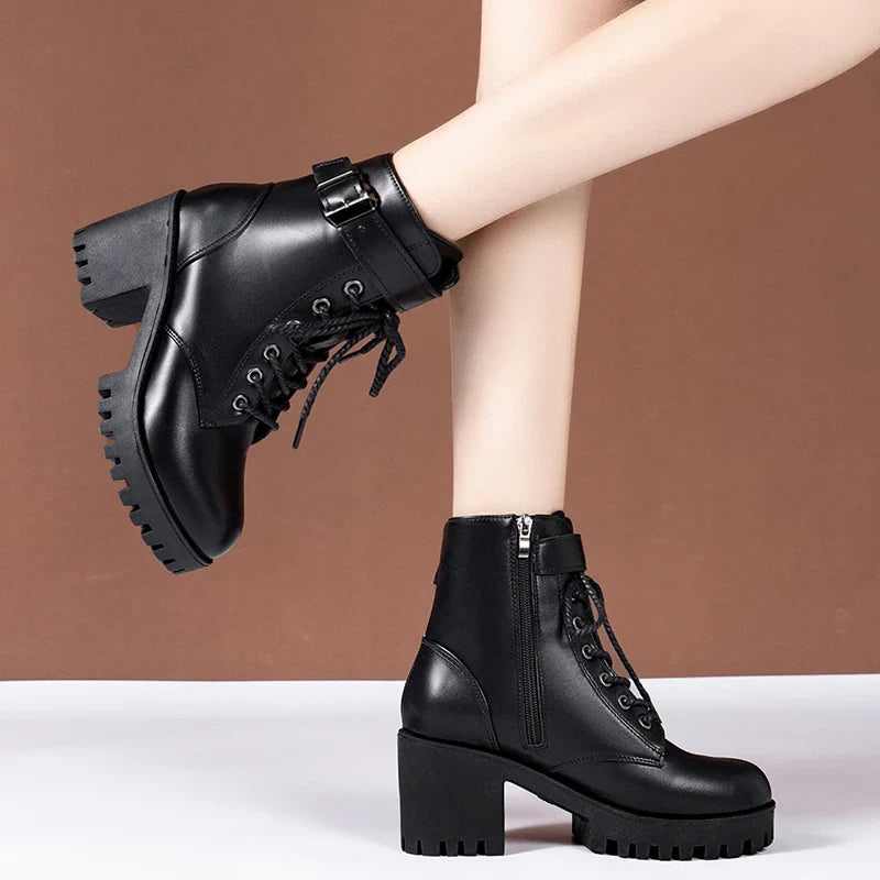 Ddbos Thick Heel Ankle Boots for Women New Black Leather PU High Heels Shoes Woman Autumn Winter Platform Motorcycle Boots Women